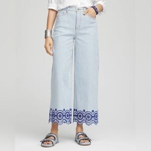 Chicos 1.5 Eyelet High-Rise Wide Cropped Jeans Stripe Embroidered 10 New WJ6